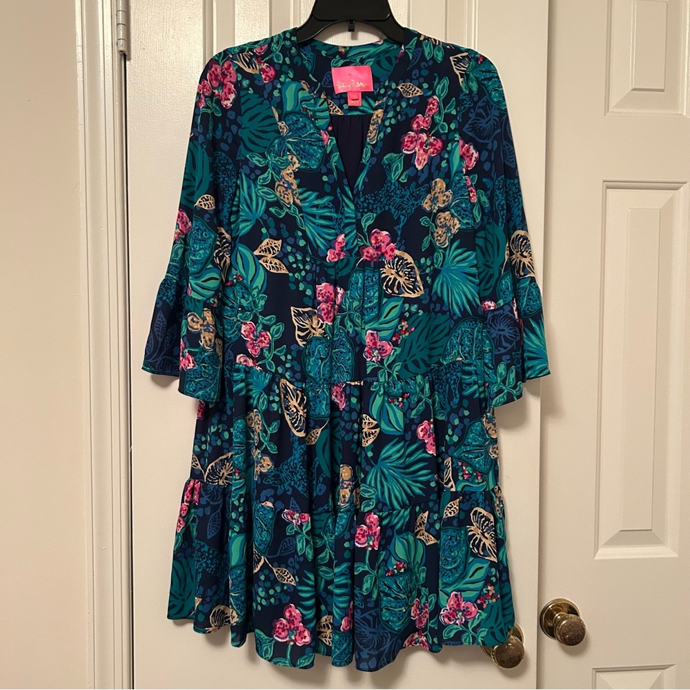 Lilly Pulitzer Gabriel Dress Navy Life of the Party Flare Sleeve Lileeze Size 00